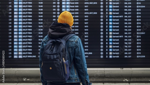 Man Checks Flight Information Board at an Airport During Evening Hours
