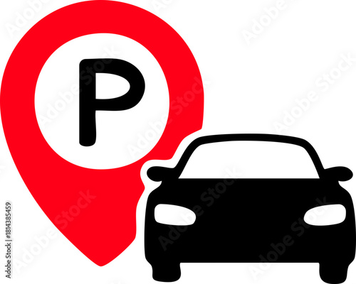 Parking Locator: An emblematic image highlighting a designated parking area, represented by a prominent P symbol and a digital location pin, suggesting a car parking space