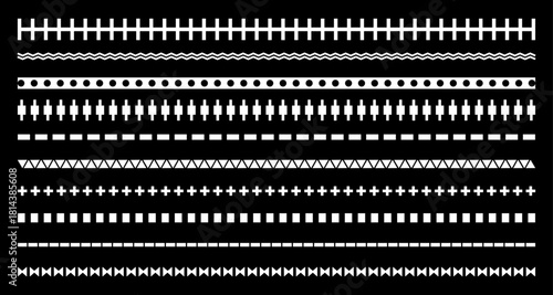 White Decorative Border Line Set on Black Background – Geometric & Graphic Vector Dividers