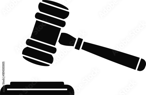 Black silhouette of a judge's gavel and sound block on white background justice court