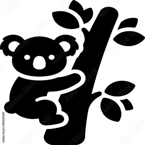 Silhouette of a koala climbing a tree with leaves isolated on white background simple vector illustration cute animal australian wildlife conservation symbol