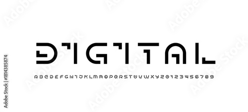 Modern font alphabet from segment lines, technology style letters, and numbers, vector illustration 10EPS