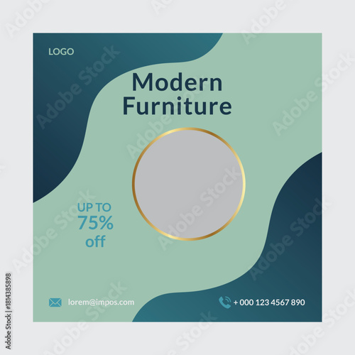 Modern furniture sale advertisement template with abstract shapes and a circular frame for product placement on a light green background