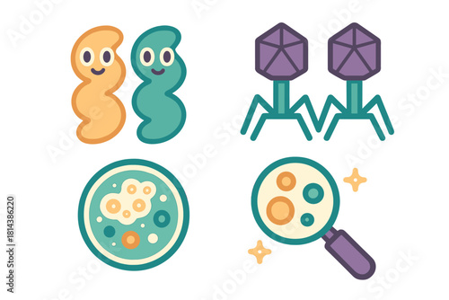Cute cartoon bacteria and bacteriophage viruses with petri dish and magnifying glass symbols