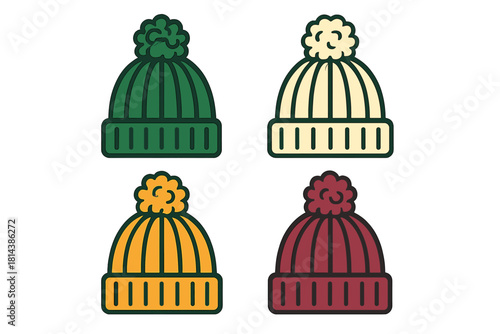 Four colorful knitted winter hats with pom-poms for cold weather fashion accessories