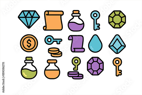Colorful fantasy game assets: magic potions, treasure keys, and shiny gems