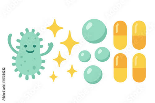 Cute cartoon germ character holding cleaning bubbles and pharmaceutical capsules