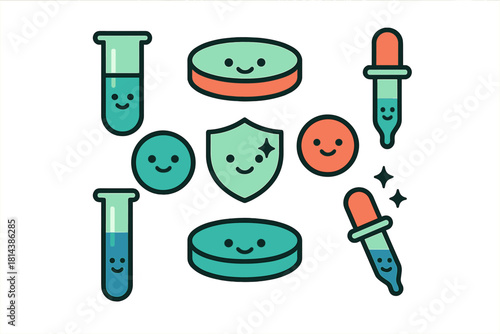 Adorable cartoon laboratory equipment icons including test tubes and shield