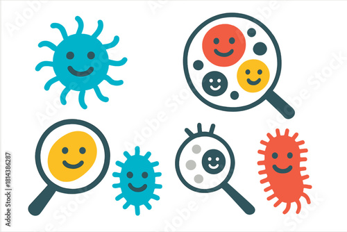 Happy microbe and virus characters viewed through magnifying glass lenses