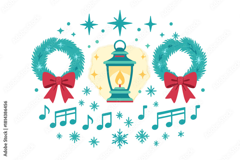 Fototapeta premium Glowing vintage lantern between two Christmas wreaths with musical notes and snowflakes