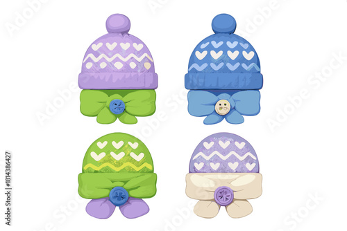 Collection of colorful knitted winter hats and scarves with heart patterns and decorative buttons