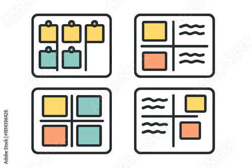 Four colorful icons showing content layouts and organizational structures for digital planning