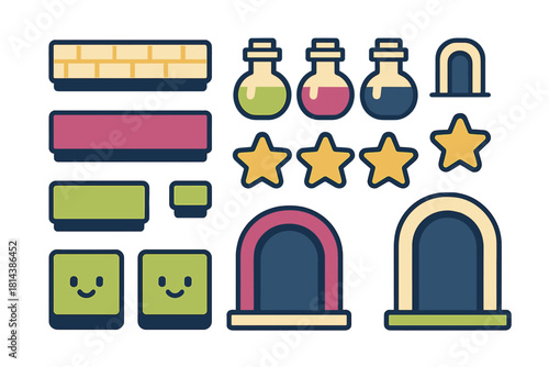 Colorful 2D game assets collection featuring platforms, magic potions, stars, and decorative archways