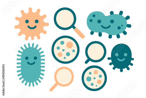 Stylized smiling bacteria germs and viruses with magnifying tools and petri dishes