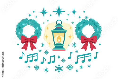 Glowing vintage lantern between two Christmas wreaths with musical notes and snowflakes