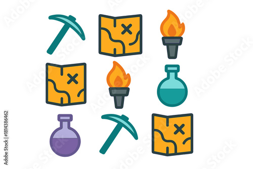 Adventure game icons featuring treasure maps, mining tools, torches, and magic potions