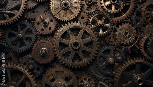 Gears and Cogs of Various Sizes Create an Intricate Mechanical Design on a Da...