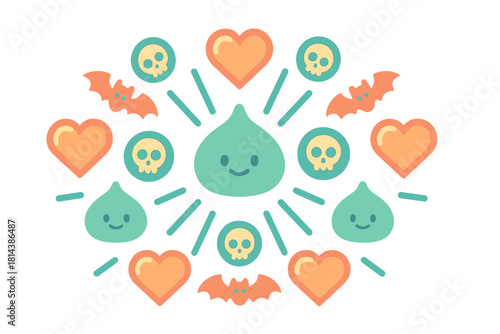 Cute smiling slime character surrounded by hearts, bats, and skulls in a playful pattern design