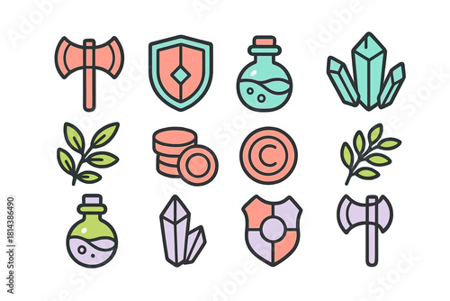 Colorful fantasy game assets featuring axes, shields, potions, crystals, and coins