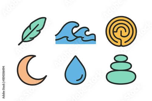Spiritual and natural elements including feather, ocean waves, labyrinth, crescent moon, water drop, and balanced stones