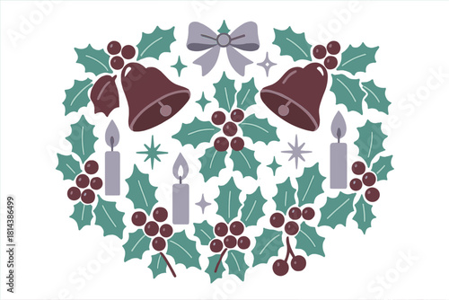 Stylized Christmas wreath border with holly, berries, bells, candles, and a gray ribbon bow