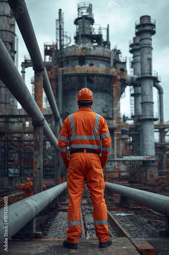 Worker in Safety Gear Observes Industrial Site With Pipes and Machinery on a ...