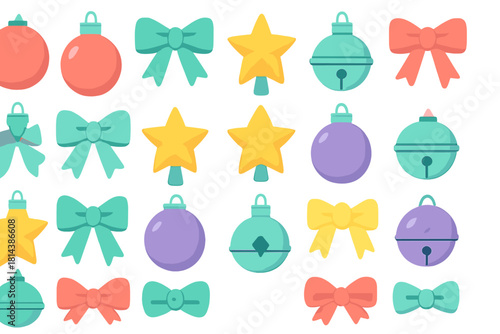 Colorful collection of holiday ornaments including baubles, stars, festive bows, and jingle bells