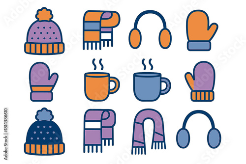 Colorful winter essentials set including hats, scarves, mittens, earmuffs, and hot drink mugs