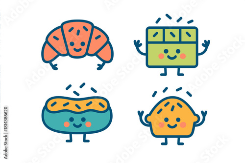 Cute cartoon characters of baked goods and sweet desserts with happy faces