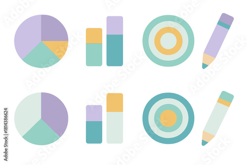 Colorful set of business icons featuring data charts targets and writing tools for productivity and analysis