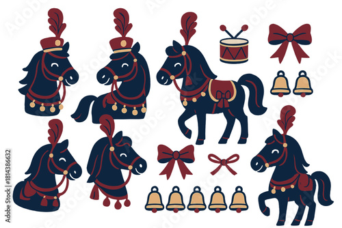 Stylized circus horses decorated with plumes, saddles, and festive parade accessories