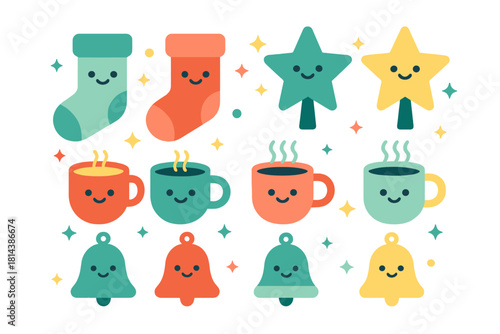 Cute smiling Christmas and winter holiday characters including stockings stars mugs and bells
