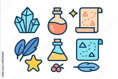 Magical fantasy adventure icons collection featuring potions, crystals, maps, and feathers