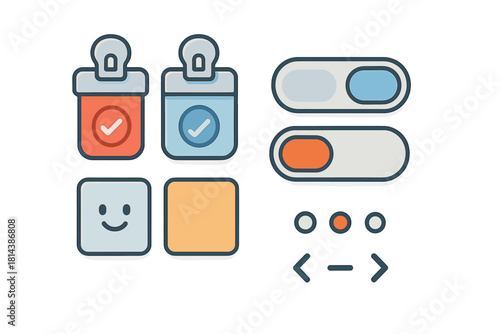 Set of user interface elements including toggle switches, confirmation icons, and navigation controls