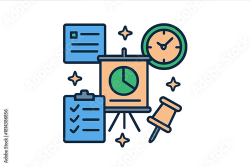 Project management essential elements: presentation chart, deadline clock, and task checklist