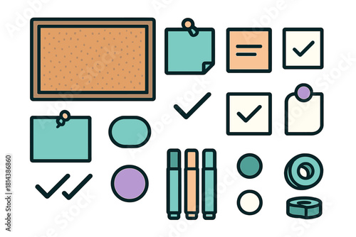 Planning and organization tools set with cork board and sticky notes