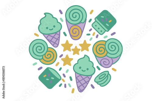 Cute pastel sweets and desserts arranged in a circular pattern with sprinkles and stars