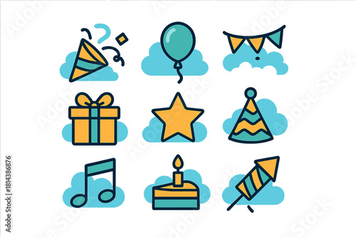 Colorful celebration icons set with party popper, birthday cake, gift box, and festive balloons