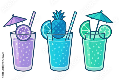 Row of three vibrant summer cocktails with fruit garnishes and decorative umbrellas