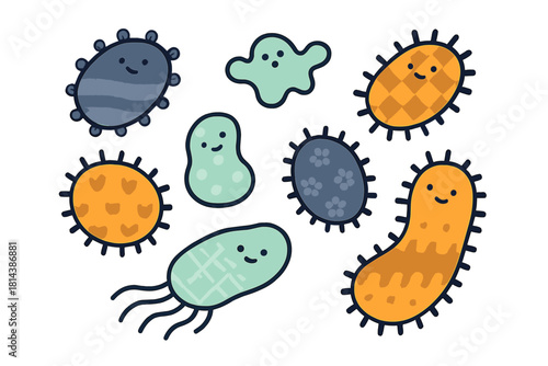 Smiling microscopic germs and bacteria collection in various shapes and bright colors