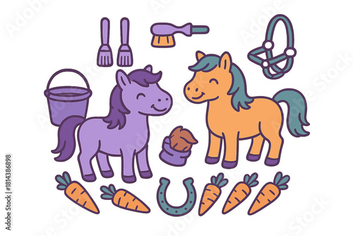Smiling cartoon ponies and stable equipment including horseshoe carrots and grooming tools