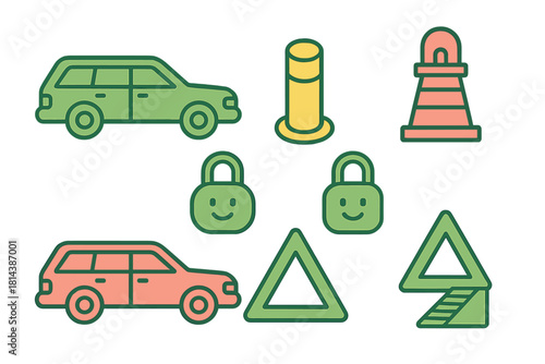 Colorful symbols of station wagon cars, security padlocks, traffic cone, and road warning signs