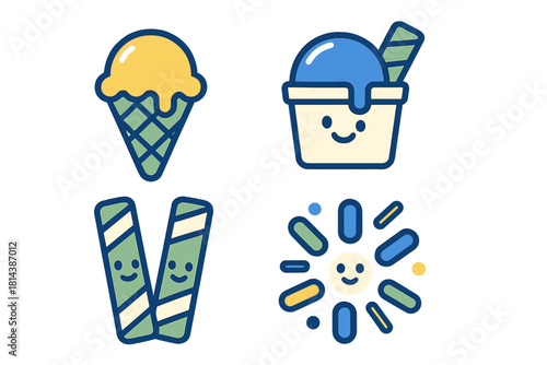 Colorful cartoon dessert treats: ice cream cone, sundae, wafer sticks, and candy sprinkles