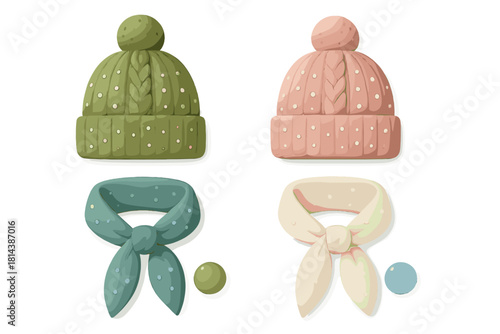 Cozy knitted winter hats and scarves with polka dot pattern in soft pastel colors