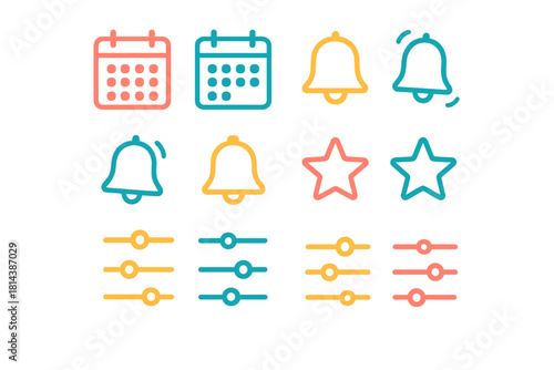 Colorful outline icons set for user interface design featuring schedule, alert, rating, and equalizer controls