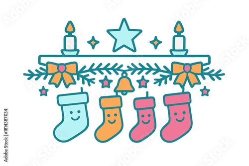Colorful Christmas stockings hanging from a decorated mantelpiece with candles and star