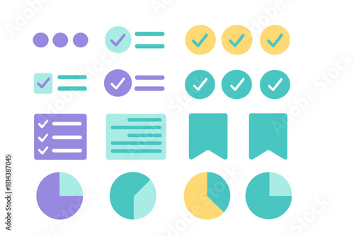 User interface elements collection with checkmarks lists pie charts and bookmarks