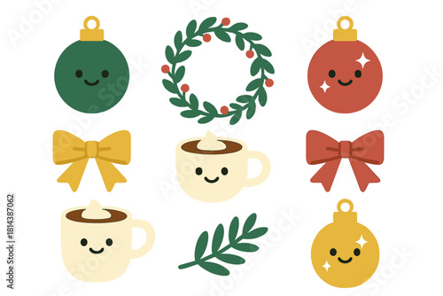 Adorable festive Christmas elements set with smiling ornaments, bows, wreath, and hot cocoa mugs
