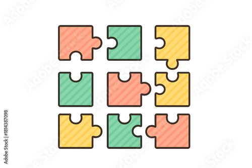 Nine colorful disconnected puzzle pieces arranged in a three by three grid pattern