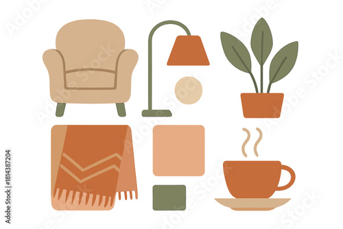 Cozy interior set with armchair lamp houseplant and hot drink in earthy colors